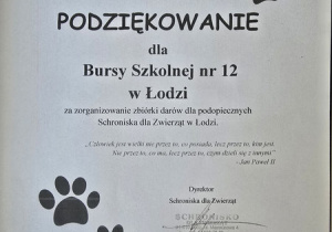 Podziękowania przekazane przez Schronisko