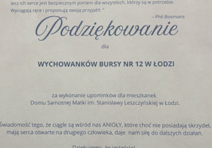 Podziękowanie od podopiecznych Domu Samotnej Matki w Łodzi dla wychowanków za przekazane upominki